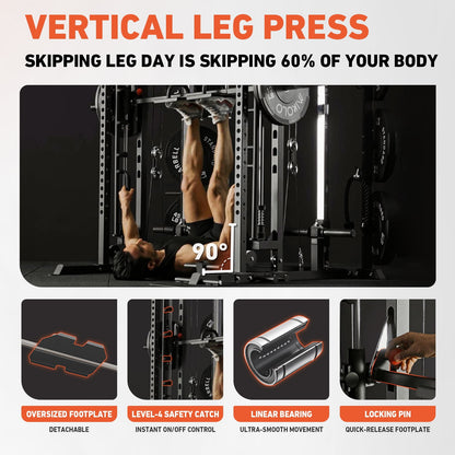 All-In-One Smith Machine Power Rack with Vertical Leg Press & Cable Crossover - 2000LBS Squat Rack for Ultimate Home Gym Experience